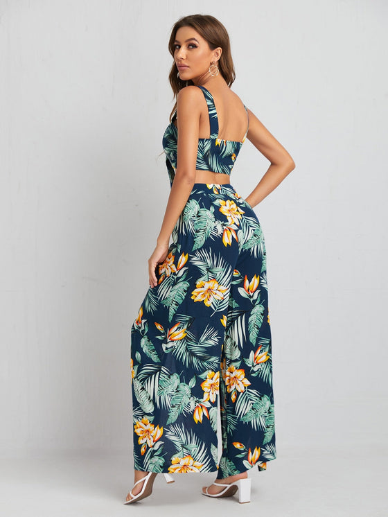 Tropical Print Tie Front Cami Top and High Split Pants Set