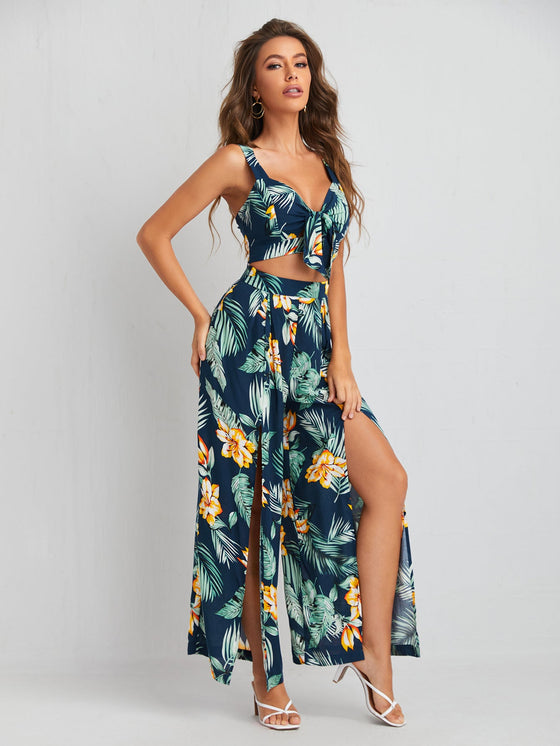 Tropical Print Tie Front Cami Top and High Split Pants Set