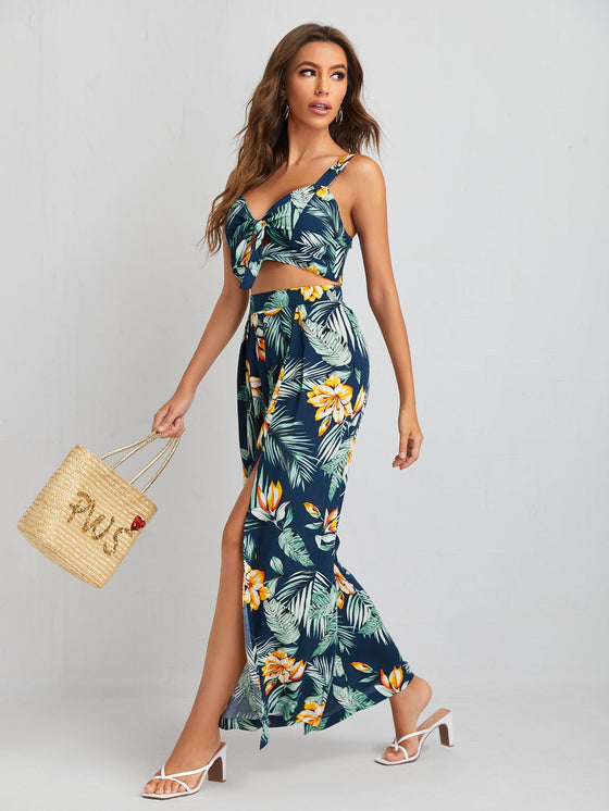 Tropical Print Tie Front Cami Top and High Split Pants Set