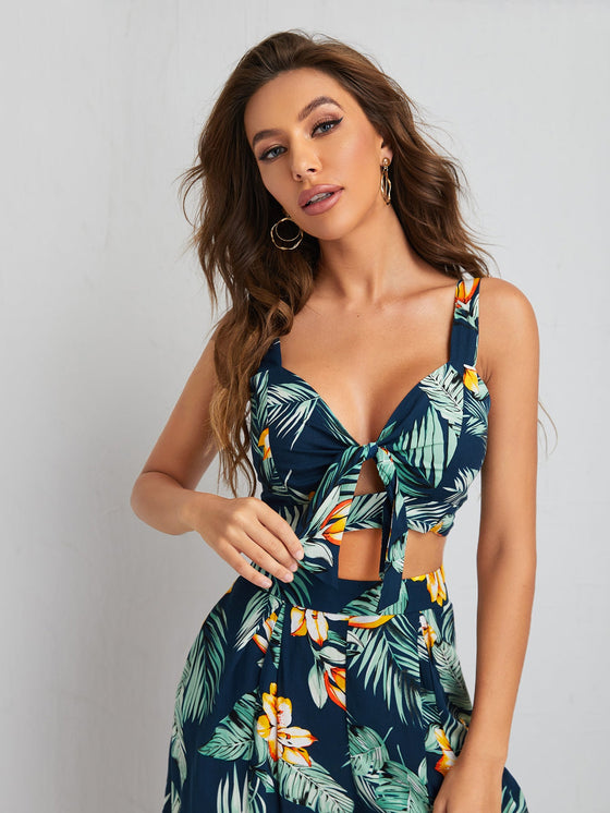 Tropical Print Tie Front Cami Top and High Split Pants Set