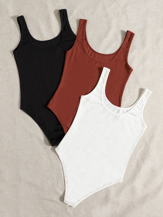 3pcs Solid Ribbed Tank Bodysuit