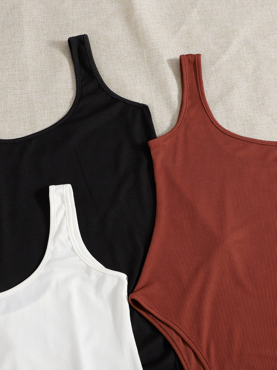 3pcs Solid Ribbed Tank Bodysuit