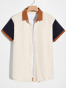  ROMWE Guys Colorblock Button Front Shirt Without Tee