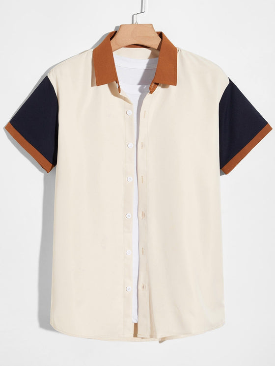 ROMWE Guys Colorblock Button Front Shirt Without Tee