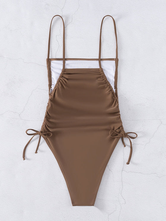 Drawstring Tie Side One Piece Swimsuit