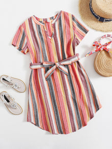  Girls Notch Neck Self Belted Striped Dress