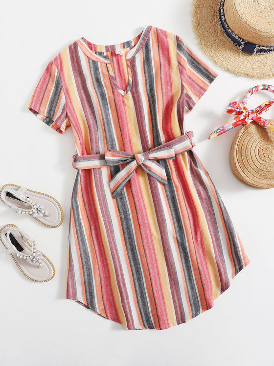 Girls Notch Neck Self Belted Striped Dress