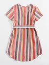 Girls Notch Neck Self Belted Striped Dress