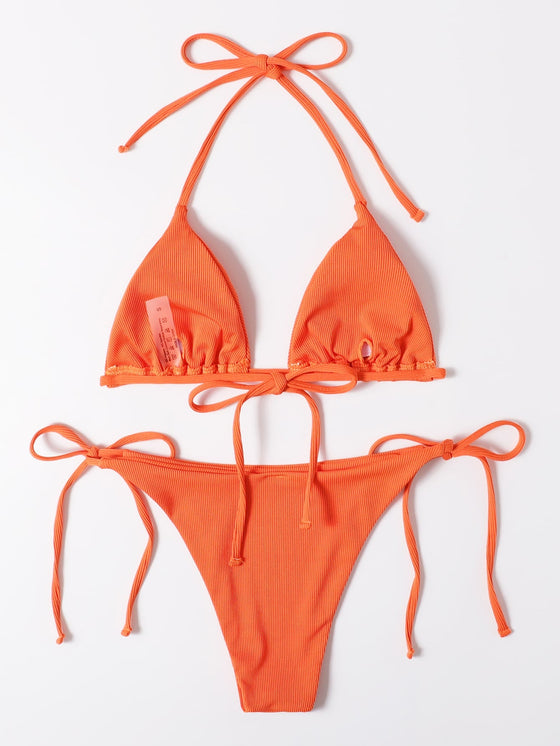 Rib Triangle Tie Side Bikini Swimsuit