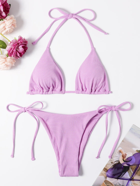 Rib Triangle Tie Side Bikini Swimsuit