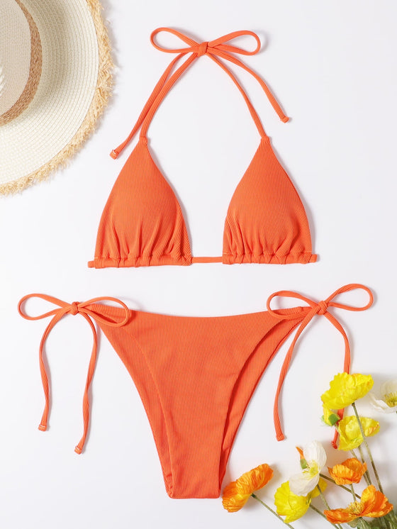 Rib Triangle Tie Side Bikini Swimsuit