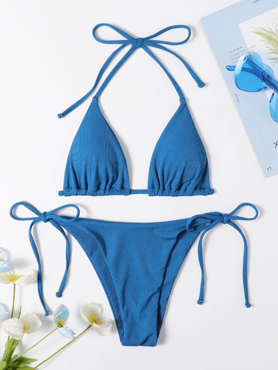 Rib Triangle Tie Side Bikini Swimsuit