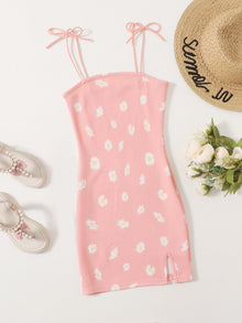  Girls Knot Strap Split Hem Floral Dress