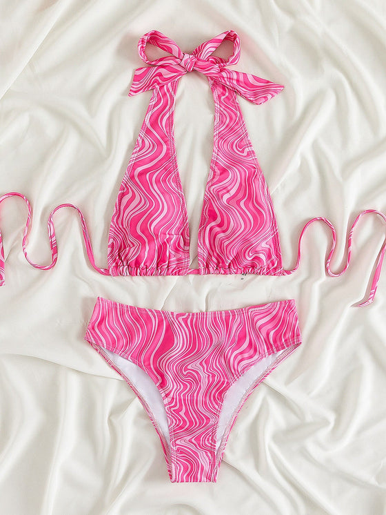 Fluid Pattern Halter High Waisted Bikini Swimsuit