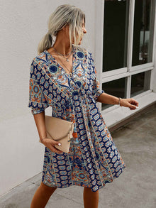  All Over Print Wrap Neck Tie Back Dress