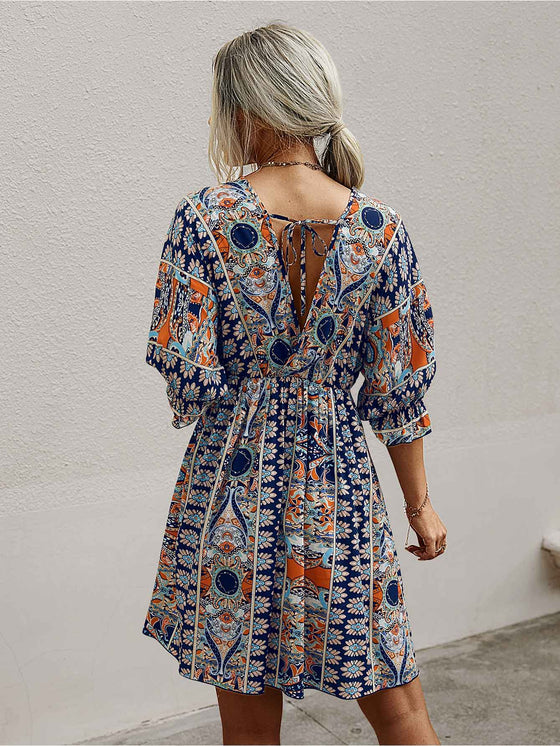 All Over Print Wrap Neck Tie Back Dress