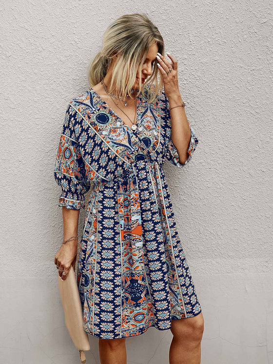 All Over Print Wrap Neck Tie Back Dress