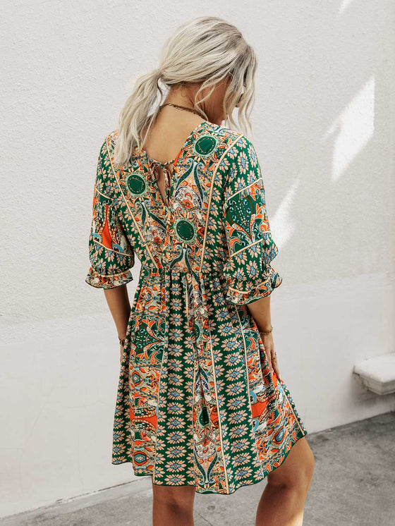 All Over Print Wrap Neck Tie Back Dress