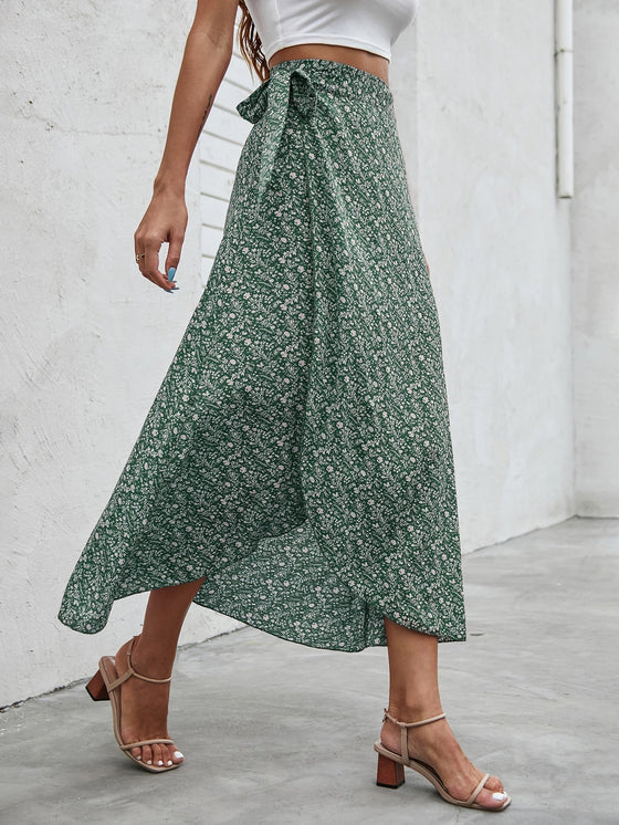 Ditsy Floral Print Tie Side Wrap Skirt