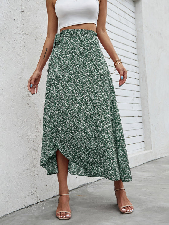 Ditsy Floral Print Tie Side Wrap Skirt