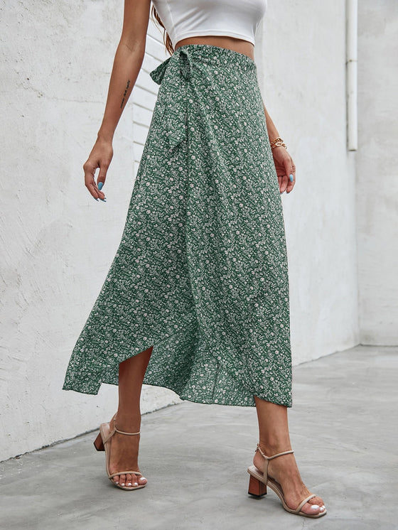 Ditsy Floral Print Tie Side Wrap Skirt