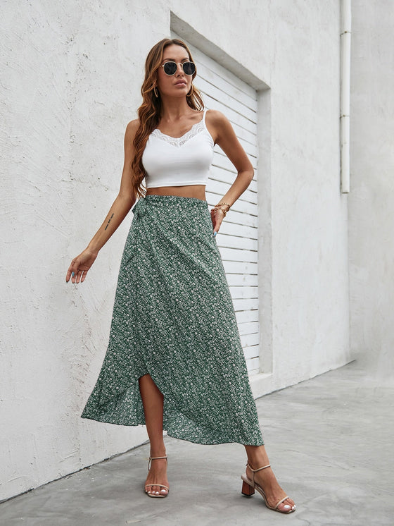 Ditsy Floral Print Tie Side Wrap Skirt