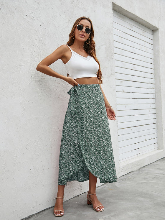 Ditsy Floral Print Tie Side Wrap Skirt