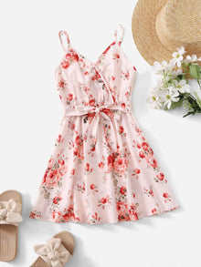  Girls Floral Print Overlap Collar Belted Cami Dress