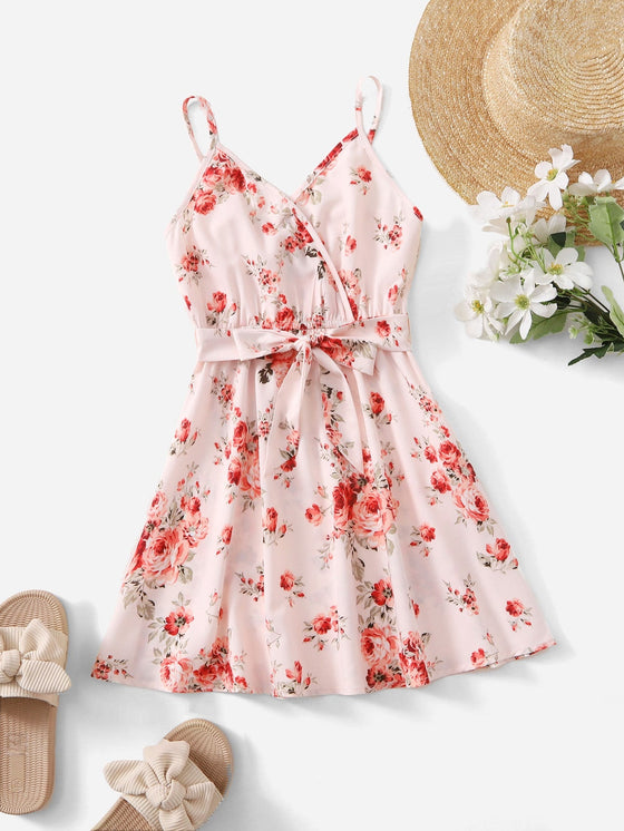 Girls Floral Print Overlap Collar Belted Cami Dress