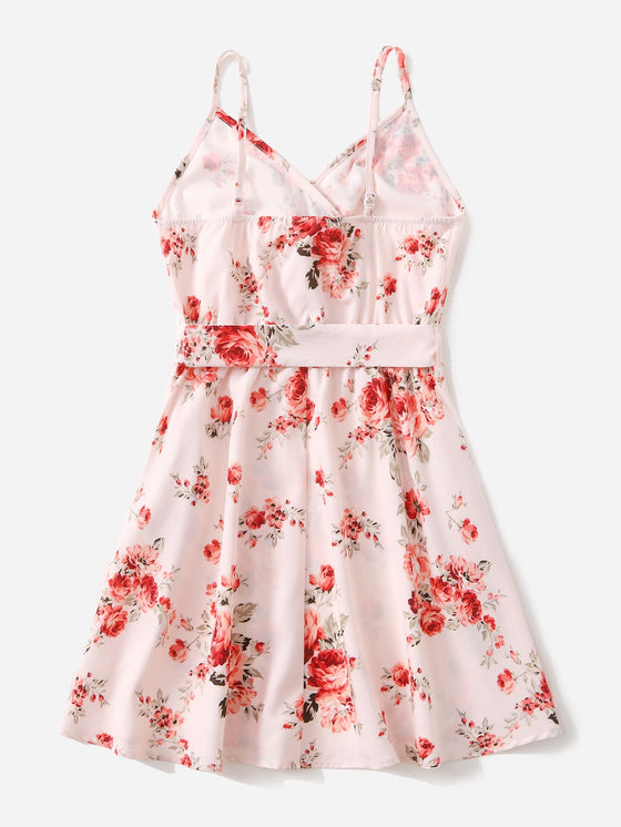 Girls Floral Print Overlap Collar Belted Cami Dress