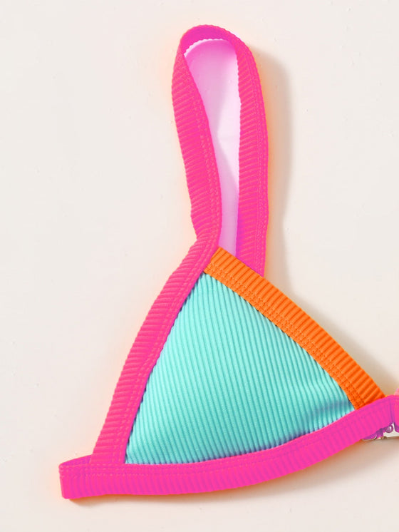 Contrast Binding Rib Triangle Bikini Swimsuit