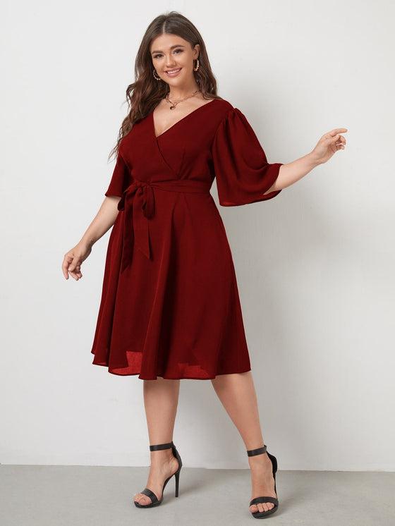 Plus Butterfly Sleeve Self Tie Dress