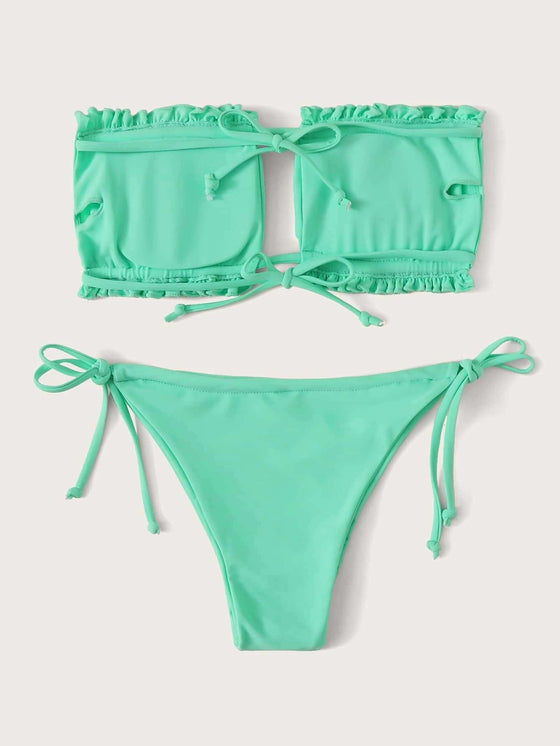 Ruched Frill Trim Bandeau Tie Side Bikini Swimsuit