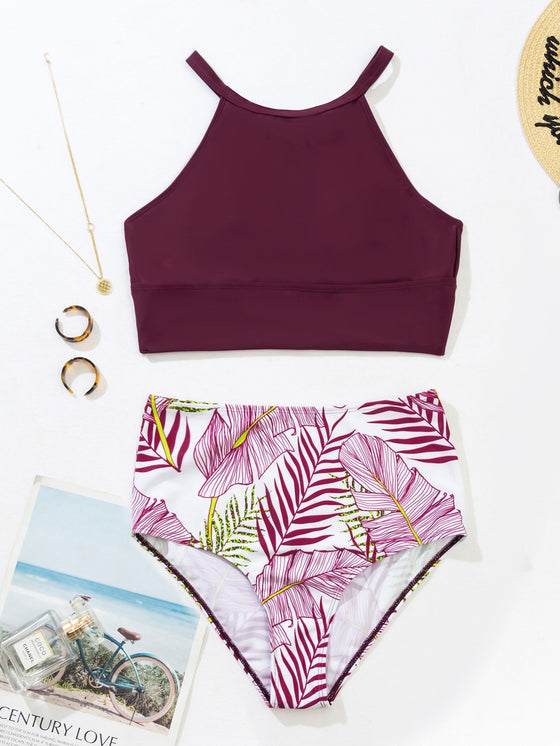 Tropical Leaf Print High Waisted Bikini Swimsuit