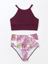 Tropical Leaf Print High Waisted Bikini Swimsuit