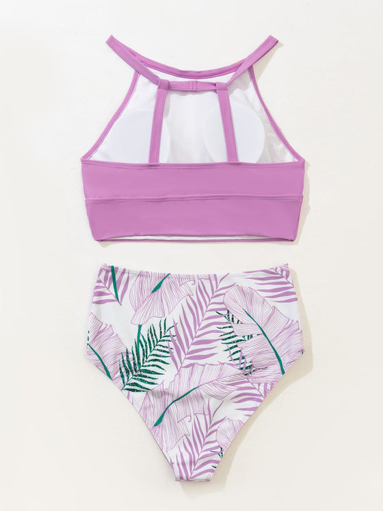 Tropical Leaf Print High Waisted Bikini Swimsuit