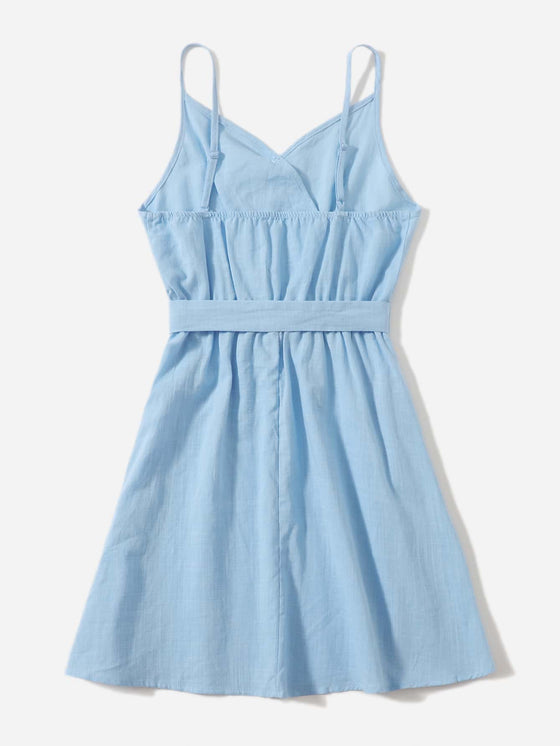 Teen Girls Surplice Neck Belted Slip Dress