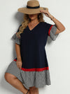 Plus Contrast Striped Flounce Sleeve Smock Dress