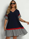 Plus Contrast Striped Flounce Sleeve Smock Dress