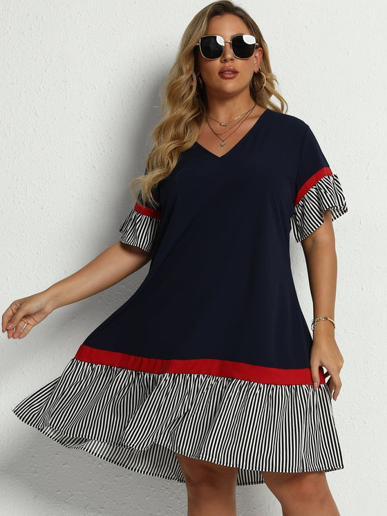 Plus Contrast Striped Flounce Sleeve Smock Dress