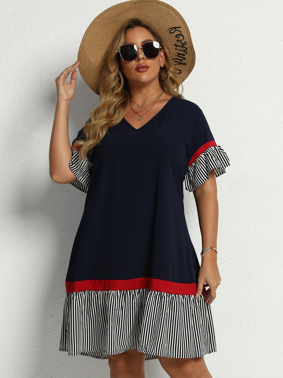 Plus Contrast Striped Flounce Sleeve Smock Dress