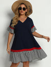 Plus Contrast Striped Flounce Sleeve Smock Dress