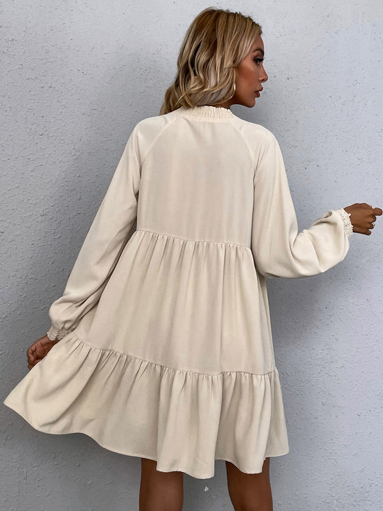 LUNE Tie Neck Lantern Sleeve Smock Dress