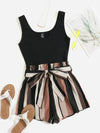 VCAY Notched Neck Block Stripe Belted Tank Romper