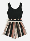 Notched Neck Block Stripe Belted Tank Romper