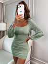 Ribbed Knit Scoop Neck Ruched Bodycon Dress