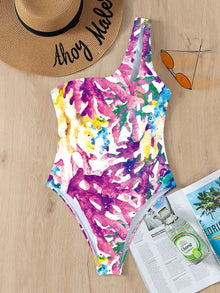  Coral Print One Shoulder One Piece Swimsuit