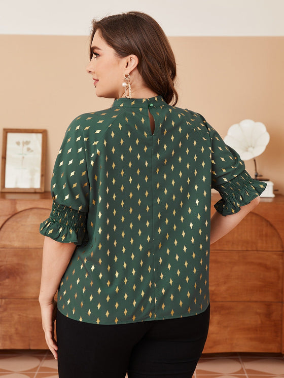 Plus Golden Four pointed Star Print Shirred Cuff Blouse