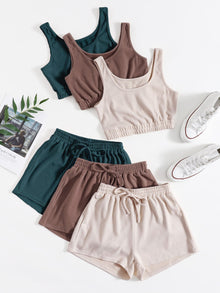  3pack Crop Tank Top Knot Front Shorts Lounge Set