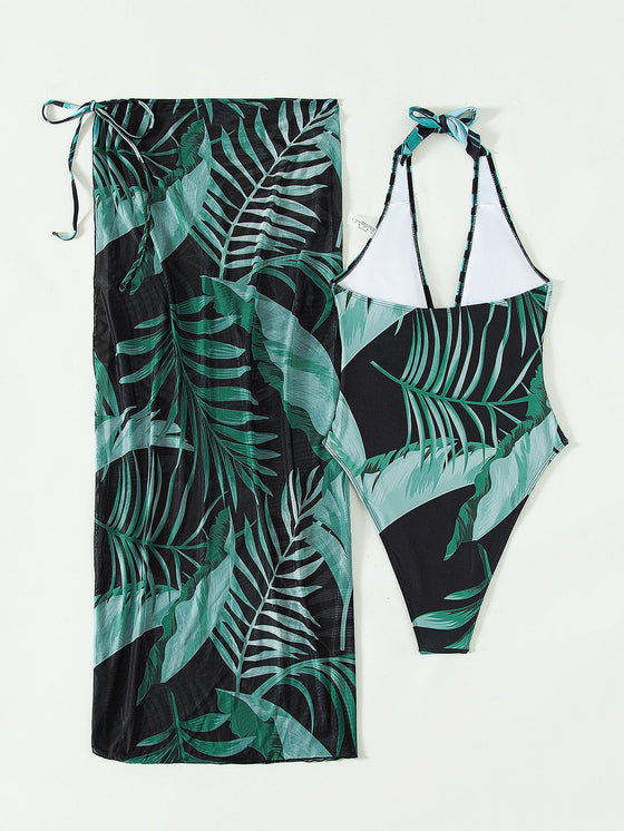 3pack Tropical Print One Piece Swimsuit With Cover Up Skirt